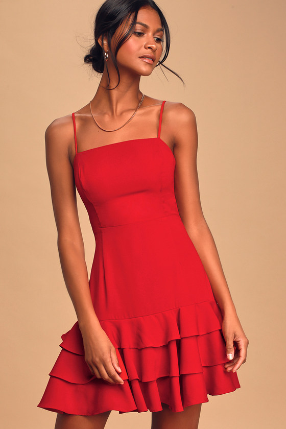 Flirty Red Dress - Ruffled Mini Dress ...